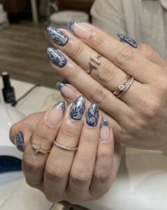 Blue and silver chrome marble dip powder nails at Lilylux Nail Spa London