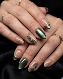 Green chrome cat-eye nails with leopard accents at Lilylux Nail Spa London
