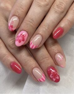 Pink and red floral French manicure design at Lilylux Nail Spa London